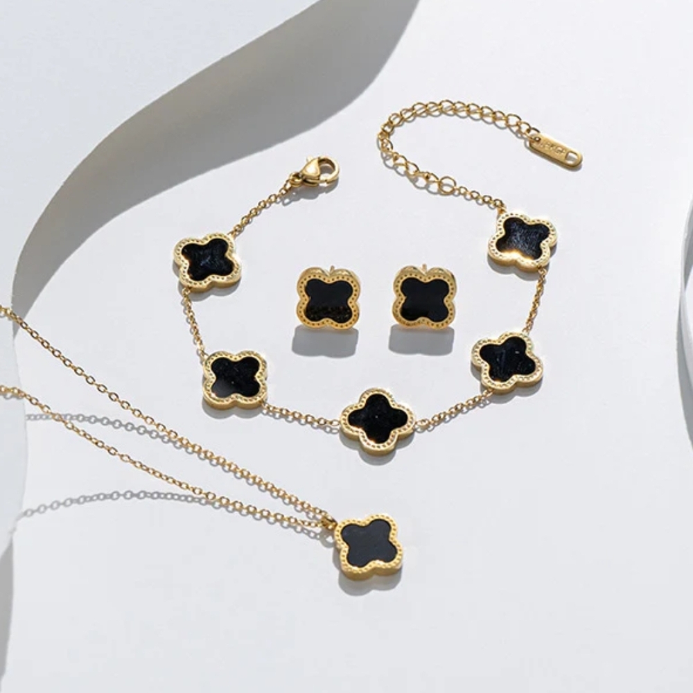 18kgp Black and Gold Clover Set
